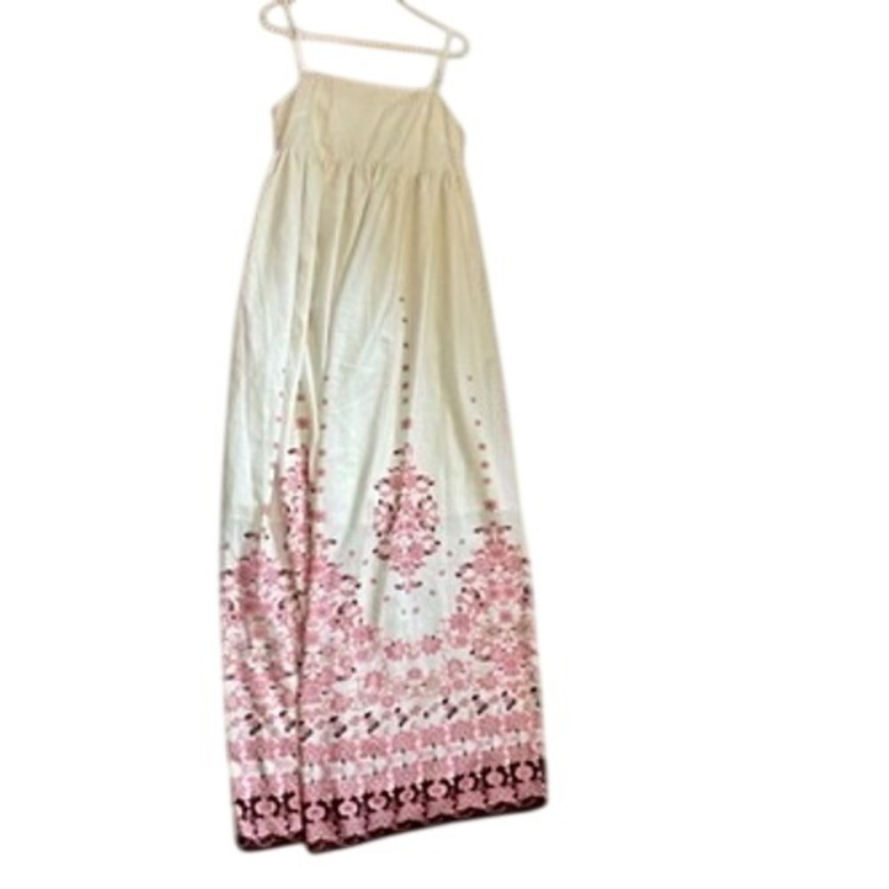 Tree of Life Cream Pink Floral Damask Border Print Linen Maxi Dress Empire Waist - Picture 6 of 12